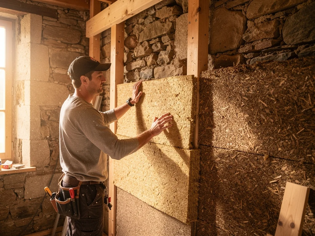 Panneaux de fibre de bois et de liège posés sur un mur ancien en pierre