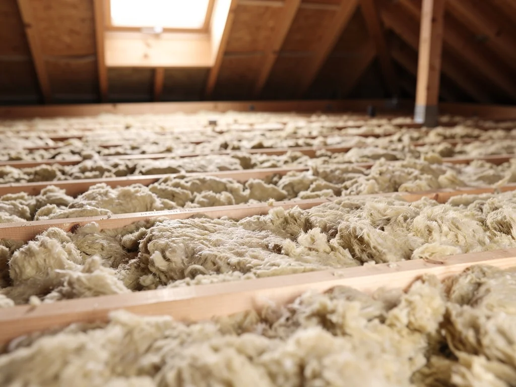 Soufflage de laine minérale sur le plancher de combles perdus